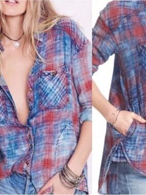 Free People Plaid Double Dip Button Down Shacket